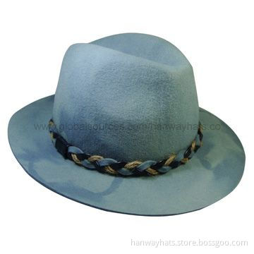 100% Wool Men's Felt Fedora Hat with Larger Brim, Self Felt Braid and DTM PVC